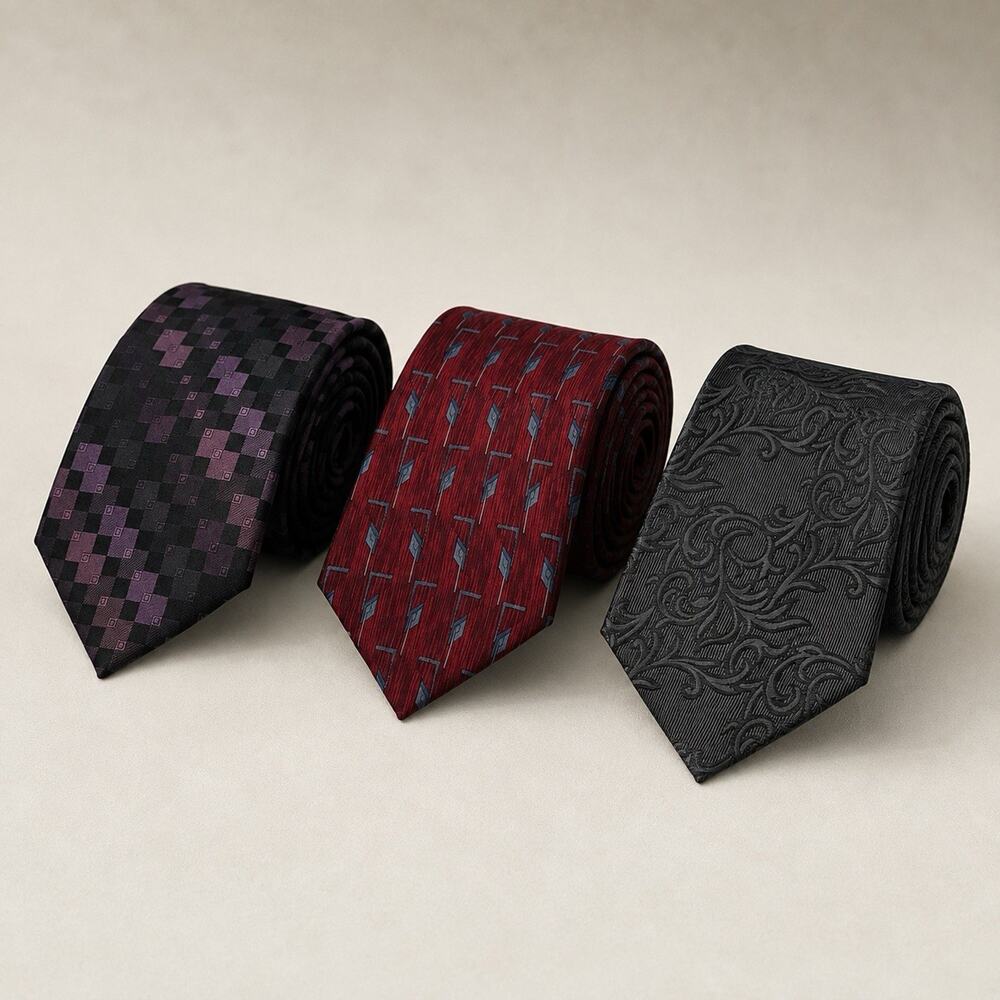Lot of 3 Men's Silk Ties Geometric Abstract Vines Purple Red Dk Gray Van Heusen